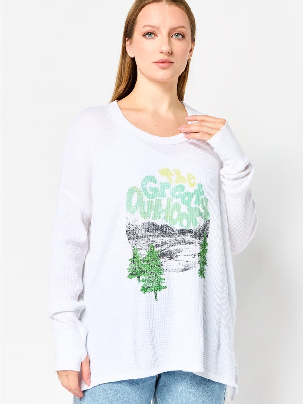 Aerie Relaxed White Graphic Waffle Knit Top - The Great Outdoors